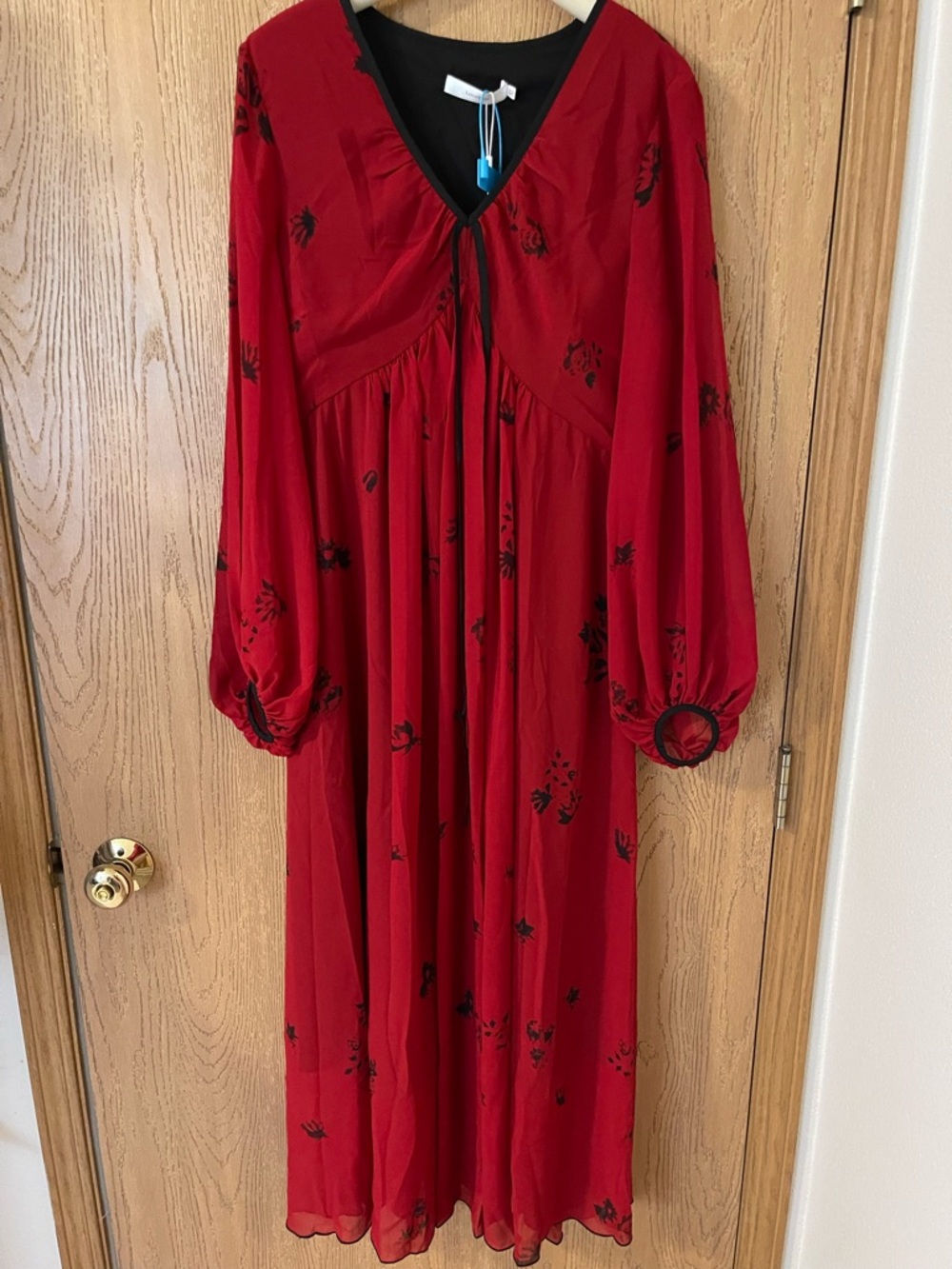 Red Floral Long Sleeve V-Neck Maxi Dress